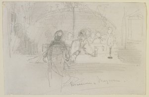 メイエンスのブラッセリー、1858年（オフホワイトの紙に鉛筆） 作： James Abbott McNeill Whistler